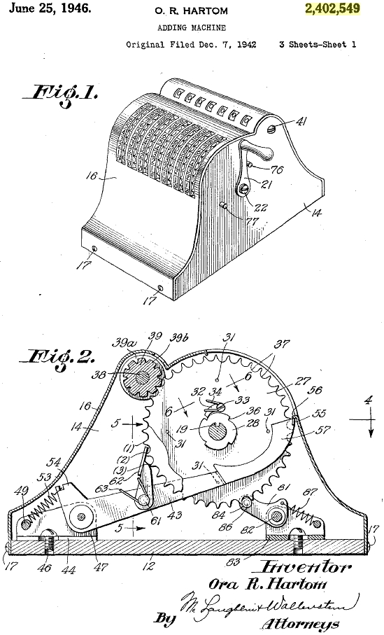 Precise Adding Machine Patent 2402549 O. R. Hartom Sheet 1 1946